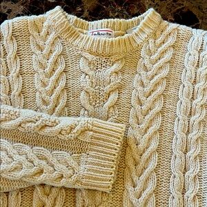 VTG Talbots 100% Pure New Wool Cable Knit Fisherman Sweater L Unisex Washable